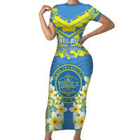 Palau Constitution Day Short Sleeve Bodycon Dress Belau Seal With Frangipani Polynesian Pattern - Blue