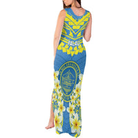 Palau Constitution Day Tank Maxi Dress Belau Seal With Frangipani Polynesian Pattern - Blue LT14 - Polynesian Pride