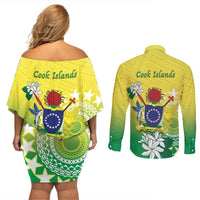 Cook Islands Independence Day Couples Matching Off Shoulder Short Dress and Long Sleeve Button Shirt Kuki Airani Tiare Maori Polynesian Pattern - Green LT14 - Polynesian Pride