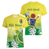 Cook Islands Independence Day Women V-Neck T-Shirt Kuki Airani Tiare Maori Polynesian Pattern - Green