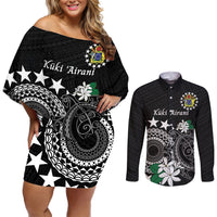 Cook Islands Independence Day Couples Matching Off Shoulder Short Dress and Long Sleeve Button Shirt Kuki Airani Tiare Maori Polynesian Pattern - Black LT14 Black - Polynesian Pride