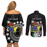 Cook Islands Independence Day Couples Matching Off Shoulder Short Dress and Long Sleeve Button Shirt Kuki Airani Tiare Maori Polynesian Pattern - Black LT14 - Polynesian Pride