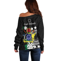 Cook Islands Independence Day Off Shoulder Sweater Kuki Airani Tiare Maori Polynesian Pattern - Black