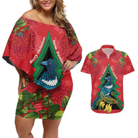 New Zealand Christmas In July Couples Matching Off Shoulder Short Dress and Hawaiian Shirt Kowhai Tui Bird With Pohutukawa - Red