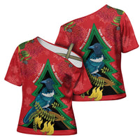 New Zealand Christmas In July Cross Shoulder Shirt Kowhai Tui Bird With Pohutukawa - Red - Polynesian Pride