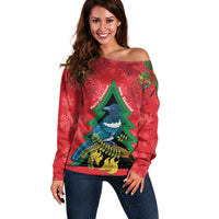 New Zealand Christmas In July Off Shoulder Sweater Kowhai Tui Bird With Pohutukawa - Red