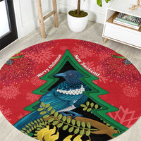 New Zealand Christmas In July Round Carpet Kowhai Tui Bird With Pohutukawa - Red