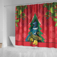 New Zealand Christmas In July Shower Curtain Kowhai Tui Bird With Pohutukawa - Red