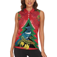 New Zealand Christmas In July Women Sleeveless Polo Shirt Kowhai Tui Bird With Pohutukawa - Red