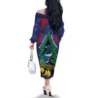 New Zealand Christmas In July Family Matching Off The Shoulder Long Sleeve Dress and Hawaiian Shirt Kowhai Tui Bird With Pohutukawa - Blue