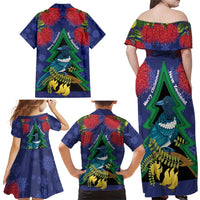 New Zealand Christmas In July Family Matching Off Shoulder Maxi Dress and Hawaiian Shirt Kowhai Tui Bird With Pohutukawa - Blue