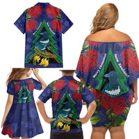 New Zealand Christmas In July Family Matching Off Shoulder Short Dress and Hawaiian Shirt Kowhai Tui Bird With Pohutukawa - Blue