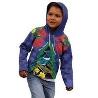 New Zealand Christmas In July Kid Hoodie Kowhai Tui Bird With Pohutukawa - Blue