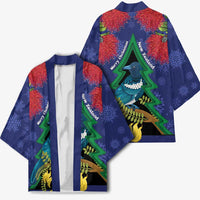 New Zealand Christmas In July Kimono Kowhai Tui Bird With Pohutukawa - Blue - Polynesian Pride