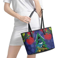 New Zealand Christmas In July Leather Tote Bag Kowhai Tui Bird With Pohutukawa - Blue