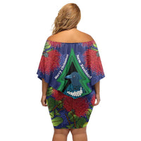 New Zealand Christmas In July Off Shoulder Short Dress Kowhai Tui Bird With Pohutukawa - Blue