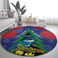 New Zealand Christmas In July Round Carpet Kowhai Tui Bird With Pohutukawa - Blue