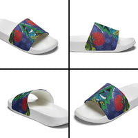 New Zealand Christmas In July Slide Sandals Kowhai Tui Bird With Pohutukawa - Blue - Polynesian Pride