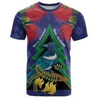 New Zealand Christmas In July T Shirt Kowhai Tui Bird With Pohutukawa - Blue