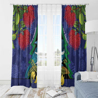 New Zealand Christmas In July Window Curtain Kowhai Tui Bird With Pohutukawa - Blue