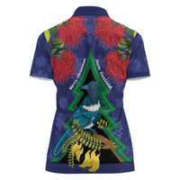 New Zealand Christmas In July Women Polo Shirt Kowhai Tui Bird With Pohutukawa - Blue