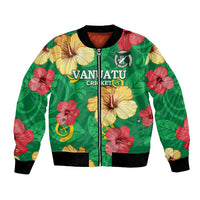 Custom Vanuatu Cricket Bomber Jacket 2024 Tropical Flowers Version LT14 Unisex Green - Polynesian Pride