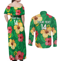Custom Vanuatu Cricket Couples Matching Off Shoulder Maxi Dress and Long Sleeve Button Shirt 2024 Tropical Flowers Version LT14 - Polynesian Pride