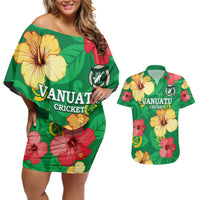 Custom Vanuatu Cricket Couples Matching Off Shoulder Short Dress and Hawaiian Shirt 2024 Tropical Flowers Version LT14 Green - Polynesian Pride