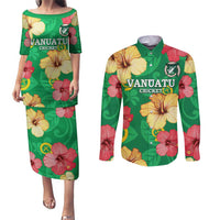 Custom Vanuatu Cricket Couples Matching Puletasi and Long Sleeve Button Shirt 2024 Tropical Flowers Version LT14 Green - Polynesian Pride