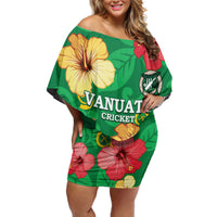 Custom Vanuatu Cricket Off Shoulder Short Dress 2024 Tropical Flowers Version LT14 Women Green - Polynesian Pride