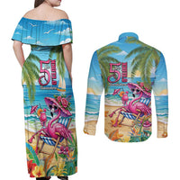 Flamingo Aloha Hawaii Couples Matching Off Shoulder Maxi Dress and Long Sleeve Button Shirt It's 5 OClock Somewhere Tropical Vibes LT14 - Polynesian Pride