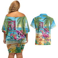 Flamingo Aloha Hawaii Couples Matching Off Shoulder Short Dress and Hawaiian Shirt It's 5 OClock Somewhere Tropical Vibes LT14 - Polynesian Pride