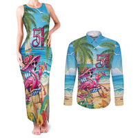 Flamingo Aloha Hawaii Couples Matching Tank Maxi Dress and Long Sleeve Button Shirt It's 5 OClock Somewhere Tropical Vibes LT14 Blue - Polynesian Pride