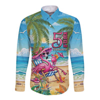 Flamingo Aloha Hawaii Long Sleeve Button Shirt It's 5 OClock Somewhere Tropical Vibes LT14 Unisex Blue - Polynesian Pride