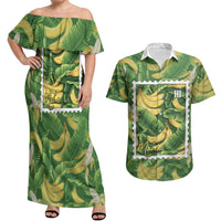 Aloha Hawaii Maia Couples Matching Off Shoulder Maxi Dress and Hawaiian Shirt Hawaiian Banana Stylized Stamp LT14 Green - Polynesian Pride