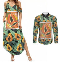 Aloha Hawaii Mikana Couples Matching Summer Maxi Dress and Long Sleeve Button Shirt Hawaiian Papaya Stylized Stamp LT14 Green - Polynesian Pride