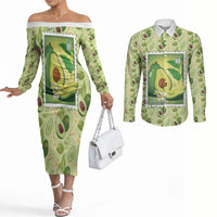 Aloha Hawaii Avocado Couples Matching Off The Shoulder Long Sleeve Dress and Long Sleeve Button Shirt Hawaiian Fruit Stylized Stamp LT14 Green - Polynesian Pride
