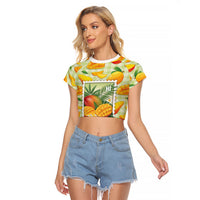 Aloha Hawaii Manako Palaka Motifs Raglan Cropped T Shirt Hawaiian Mango Stylized Stamp LT14 Female Yellow - Polynesian Pride