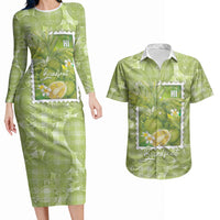 Aloha Hawaii Ulu Palaka Motifs Couples Matching Long Sleeve Bodycon Dress and Hawaiian Shirt Hawaiian Breadfruit Stylized Stamp LT14 Green - Polynesian Pride