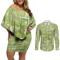 Aloha Hawaii Ulu Palaka Motifs Couples Matching Off Shoulder Short Dress and Long Sleeve Button Shirt Hawaiian Breadfruit Stylized Stamp LT14 Green - Polynesian Pride