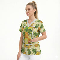 Aloha Hawaii Hala Kahiki Palaka Motifs Scrub Top Hawaiian Pineapple Stylized Stamp LT14 - Polynesian Pride