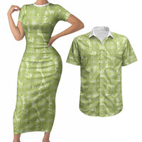 Omaomao Hawaii Breadfruit Palaka Motifs Couples Matching Short Sleeve Bodycon Dress and Hawaiian Shirt LT14 Green - Polynesian Pride