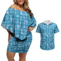 Polu Hawaii Breadfruit Palaka Motifs Couples Matching Off Shoulder Short Dress and Hawaiian Shirt LT14 Blue - Polynesian Pride