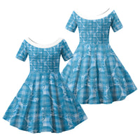 Polu Hawaii Breadfruit Palaka Motifs Family Matching Off The Shoulder Long Sleeve Dress and Hawaiian Shirt LT14 Daughter's Dress Blue - Polynesian Pride