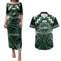 Aotearoa Whakatohea Personalised Couples Matching Puletasi and Hawaiian Shirt Maori Iwi Poutama Puhoro Tattoo LT14 Green - Polynesian Pride