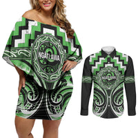 Aotearoa Ngati Awa Personalised Couples Matching Off Shoulder Short Dress and Long Sleeve Button Shirt Maori Iwi Poutama Puhoro Tattoo LT14 Green - Polynesian Pride