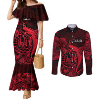 French Polynesia Tahiti Couples Matching Mermaid Dress and Long Sleeve Button Shirts Polynesian Shark Tattoo With Hibiscus Red Version LT14 Red - Polynesian Pride