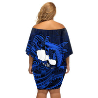 French Polynesia Tahiti Off Shoulder Short Dress Polynesian Shark Tattoo With Hibiscus Blue Version LT14 - Polynesian Pride