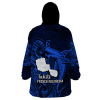 French Polynesia Tahiti Wearable Blanket Hoodie Polynesian Shark Tattoo With Hibiscus Blue Version LT14 - Polynesian Pride