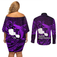 French Polynesia Tahiti Couples Matching Off Shoulder Short Dress and Long Sleeve Button Shirts Polynesian Shark Tattoo With Hibiscus Purple Version LT14 - Polynesian Pride
